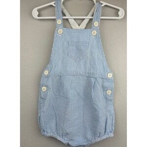 Baby Boden Blue White Seersucker Striped Overalls 12-18 Months Boys  100% Cotton
